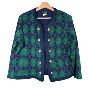 Stuart Alan Womens Cardigan Sweater Jacket Navy‎ Green Argyle Button Front Sz 18